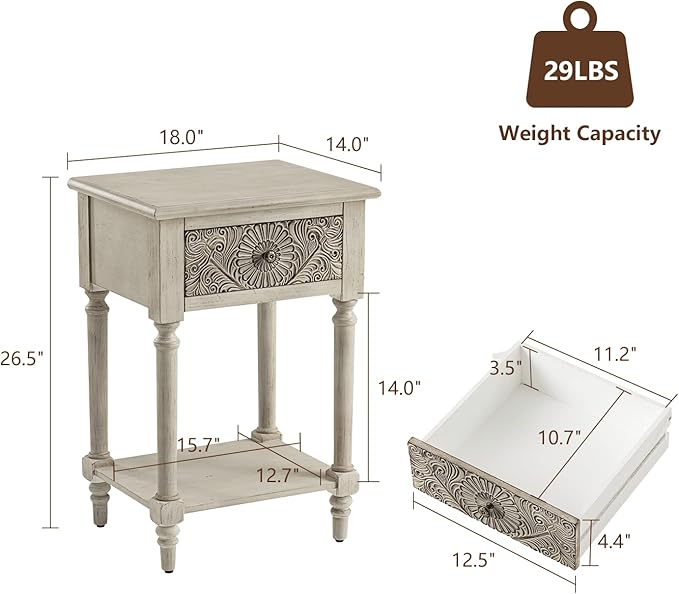 HOMPUS Fully Assembled Farmhouse Nightstand with Drawer and Shelf, Vintage Nightstand with Flower Pattern, Wood End Table, Small Bedside Table Night Stand for Living Room, Bedroom, Distress White