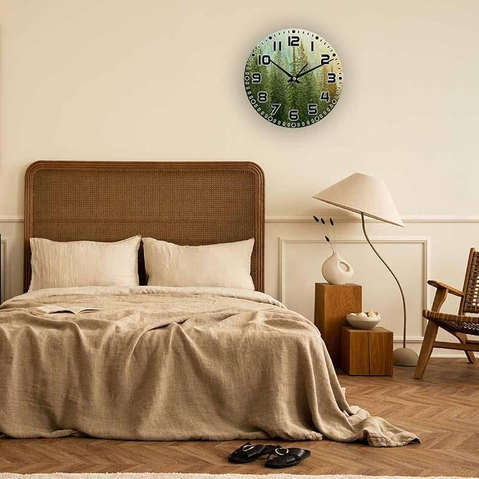 Fir Tree Wall Clock 10 inch Round Healthy Green Tree Silent Non Ticking Wood Wall Clocks Battery Operated Easy to Read Decorative Wall Clock for Bedroom Kitchen Living Room Bathroom