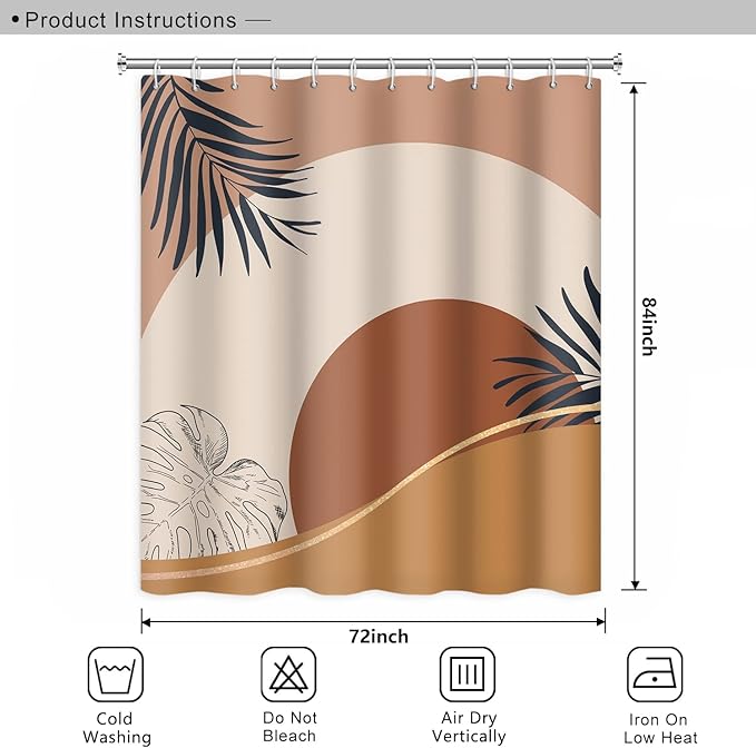 Abstract Mid Century Boho Bathroom Shower Curtain - Orange Sun Eucalyptus Leaves With Hooks, Waterproof Fabric Polyester for Aesthetics Home Decor, 72x84 Inch