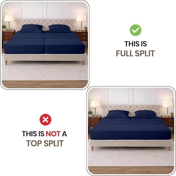 SGI Split King Sheet Set for Adjustable Bed Egyptian Premium Cotton 600 Thread Count Sheets for Sleep Number Bed 15" Deep Pocket 5 Pc Set with 2 Twin XL Fitted Sheets Soft Breathable -Navy Blue