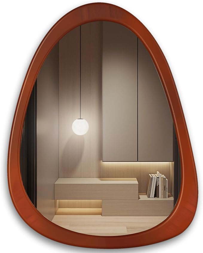 28"x 22" Irregular Wall Mirror, Wood Frame Asymmetrical Decorative Wall Wooden Mirror for Living Room Bedroom Entryway Bathroom Mid Century Home Decor Cherry Brown