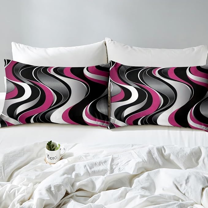 Erosebridal Geometric Wavy Lines Duvet Cover Queen for Kids Teens Adults,Minimalist Abstract Art Comforter Cover,Modern Aesthetic Bedding Set,Pink Grey Black Bed Set with 2 Pillowcases Bedroom Decor
