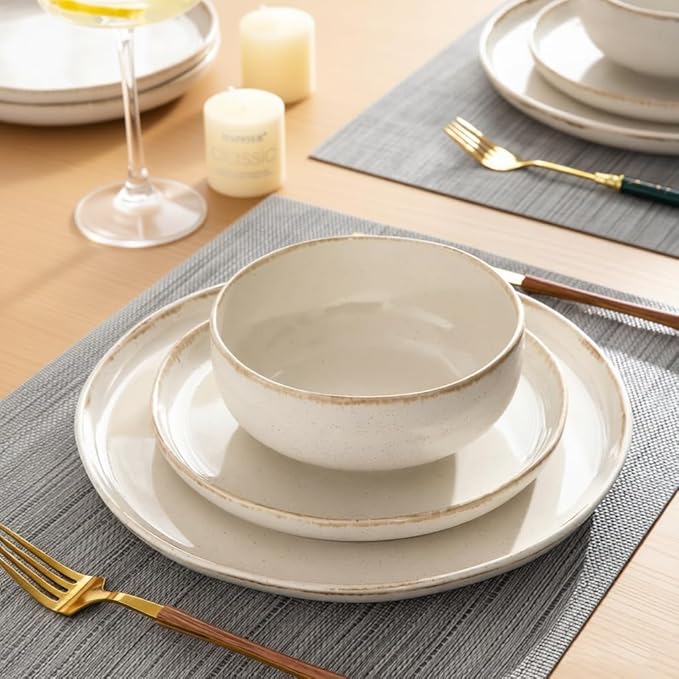 AmorArc Ceramic Dinnerware Sets, Wavy Rim Stoneware Plates and Bowls Sets, Highly Scratch Resistant | Dishwasher & Microwave Dishes set, Service for 8 (24pc)-Speckled Cappuccino