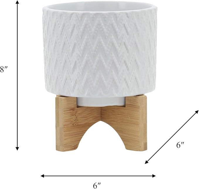 Modern Ceramic Planters with Wood Stand for Home Decor Elegant Flower Pots for Entryway, Garden, and Patio - Decorative Raised Container for Indoor and Outdoor Plants - 8", White & Tan