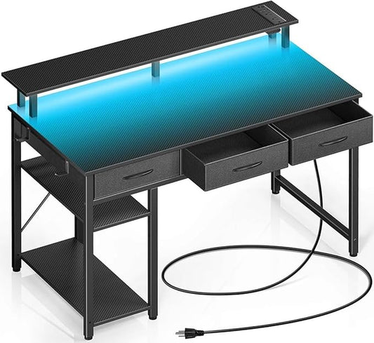 Rolanstar Computer Desk with Power Outlets & LED Light, 39 inch Home Office Desk with 3 Drawers and Storage Shelves, Writing Desk with Monitor Stand, Modern Work Desk for Home Office, Carbon Black