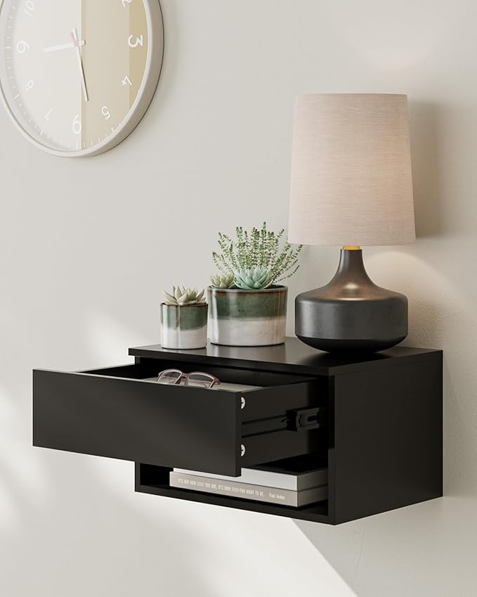 Floating Nightstand, Small Modern Floating Nightstand with Drawer, Floating Shelves for Bedroom, Bathroom (Black)