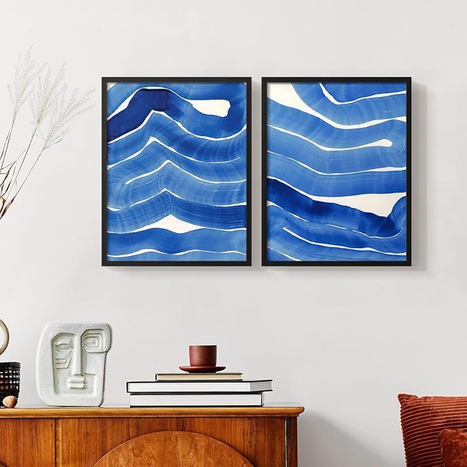 Renditions Gallery Set of 2 Peel & Stick Framed Prints, Watercolor Abstract Wall Art, Bold Brushstrokes in Shades of Blue Wall Decor, Re-Stickable - Ready to Hang - 8"x10" - Black Frame LT588