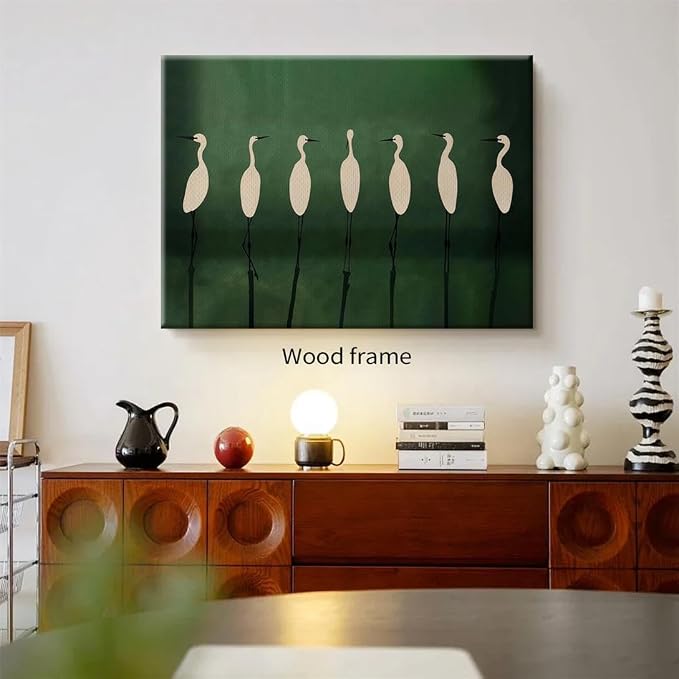 Japanese Cranes Wall Art 16x20 inch Wrapped Framed Retro Bird Animal Canvas Poster Nature Minimalist Green Home Prints for Living Room Bedroom Office Decor