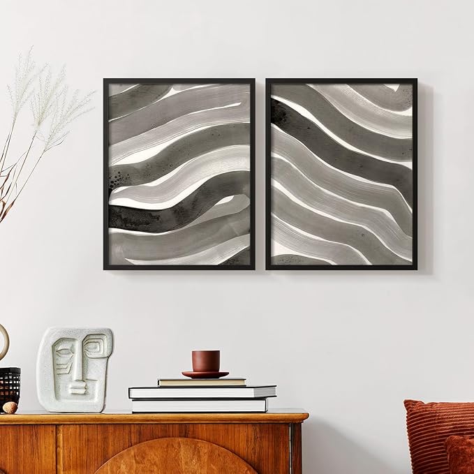 Renditions Gallery Set of 2 Peel & Stick Framed Prints, Watercolor Abstract Wall Art, Black and White Bold Brushstrokes Wall Decor, Re-Stickable - Ready to Hang - 16"x20" - Black Frame LT588
