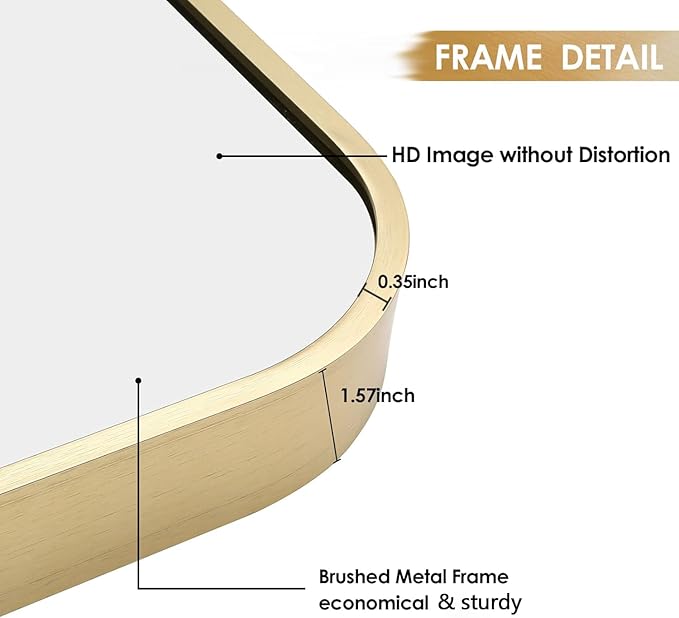 22x30 Inch Gold Bathroom Mirror, Brushed Gold Metal Framed Rectangular Mirror with Rounded Corner, Bathroom Vanity Mirror for Bedroom or Living Room, Horizontal/Vertical