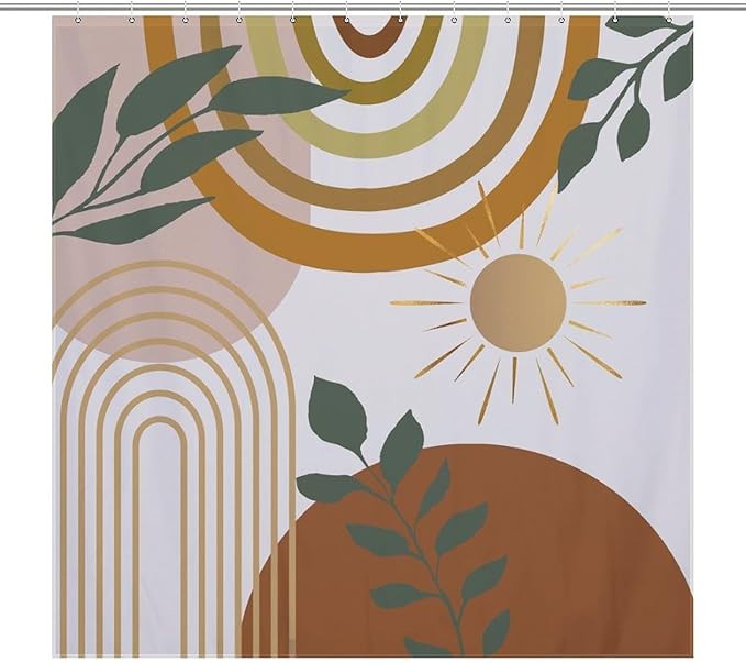 Mid Century Shower Curtain,Boho Modern Abstract Minimalist Gold Sun Bathroom Curtain Polyester Waterproof Fabric Decor 72x72in（183x183cm）