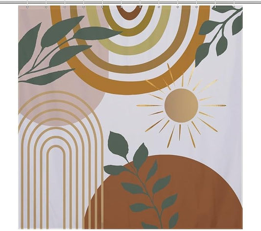 Mid Century Shower Curtain,Boho Modern Abstract Minimalist Gold Sun Bathroom Curtain Polyester Waterproof Fabric Decor 72x72in（183x183cm）