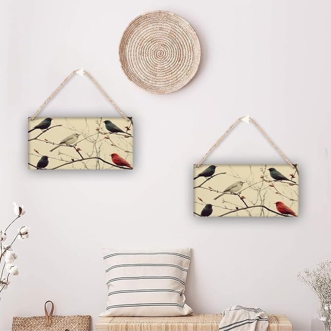 Vintage Bird & Yellow Blossom Wood Print, Whimsical Decors on Wood, 12x6 Inches, Ideal for Bird styles Lovers & Retro Interiors