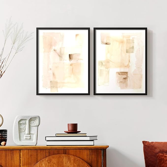 Renditions Gallery Set of 2 Peel & Stick Framed Prints, Abstract Wall Art, Mixed Handmade Oil Painting Wall Decor, Re-Stickable - Ready to Hang - 8"x10" - Black Frame LT588