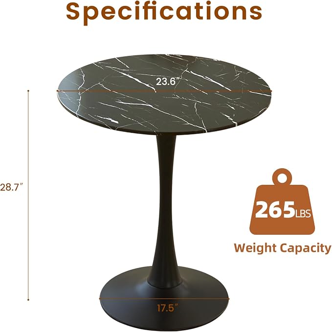 Round Dining Tulip Table for 2, Mid-Century Modern Table with Sturdy Metal Pedestal for Kitchen, Bistro, Cafe, Leisure (Faux Marble Black, 24 INCH)