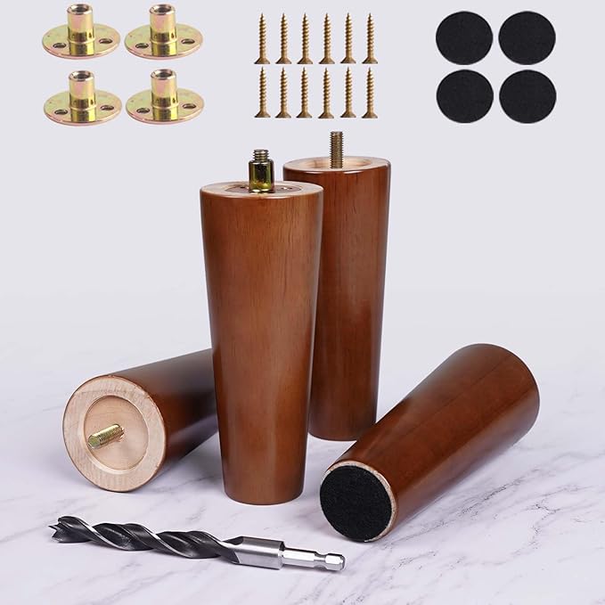 6 Inch Wood Furniture Legs Set of 4 - Heavy Duty Solid Wooden Couche Sofa Feet Replacement for Furniture,Cabinet,Ottoman,Bench,Table - Wooden Furniture Risers Foot - Walnut Finish