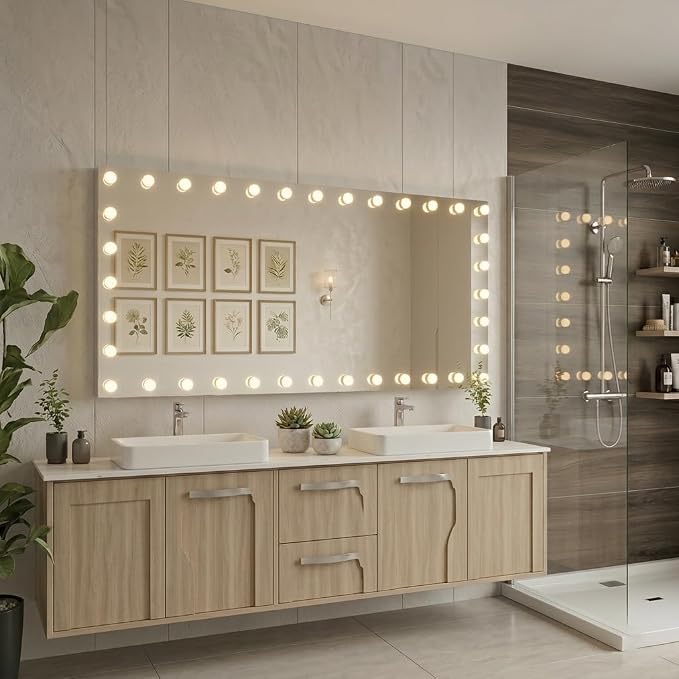 WTTY 96"x36" Hollywood Vanity Mirror with Lights, Wall-Mounted Makeup Mirror with 3 Color Temperatures, Stepless Dimmable Bulbs, Anti-Fog & Shatter-Proof