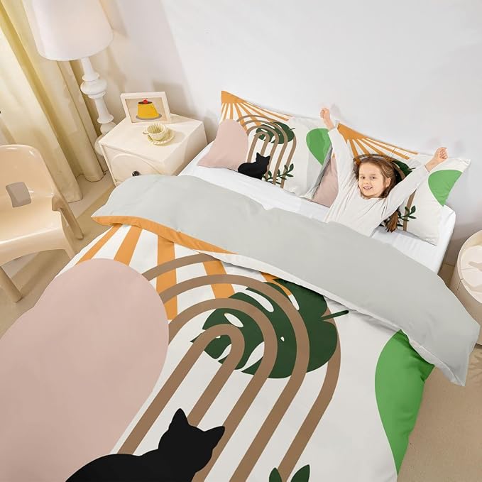 Erosebridal Boho Geometric Toddler Duvet Cover Mid Century Abstract Minimalism Bedding Set Funny Cats Animals Comforter Cover for Kids Girls Boys Adults Tropical Palm Leaves Botanical Bed Set