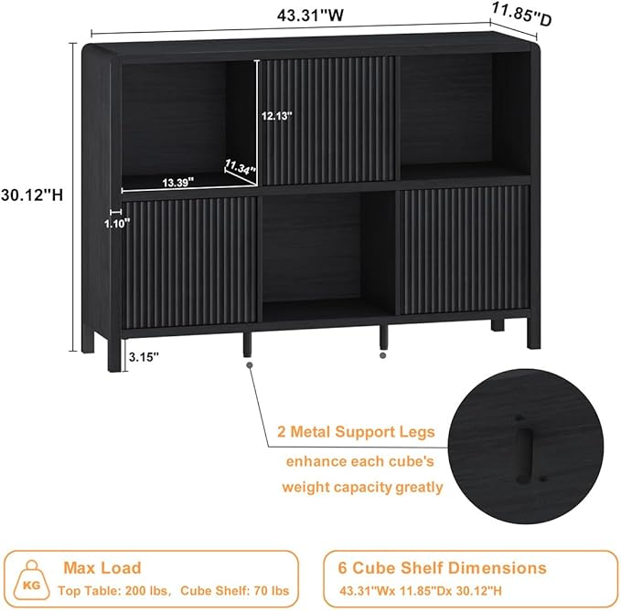 FATORRI 6 Cube Storage Organizer, Horizontal Bookcase with 3 Doors, Low Wood Bookshelf for Home Office, Bedroom, Living Room (Black)