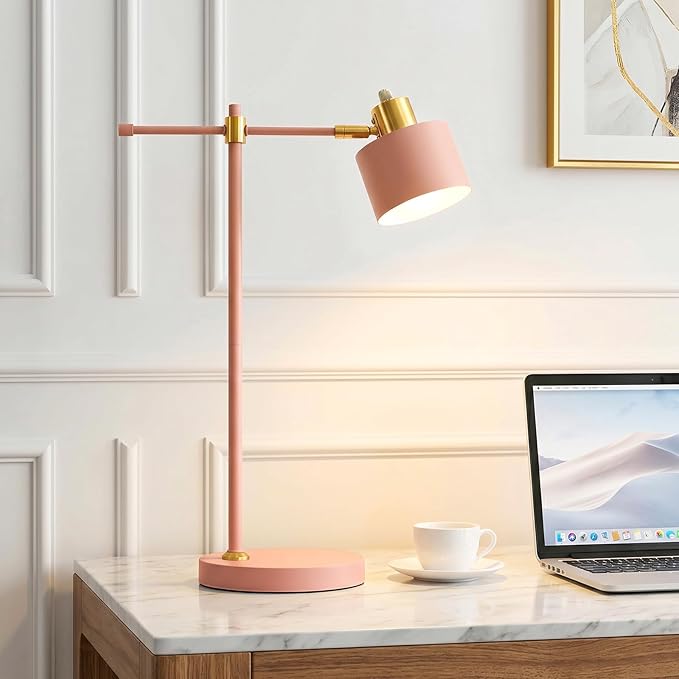 OYEARS 22.2" Modern Desk Lamp, Metal Table Lamp with LED Bulb, Adjustable Reading Lamps for Living Room, Mid Century Task Lamp for Home Office, Industrial Bedside Lamps with Solid Base, Pink