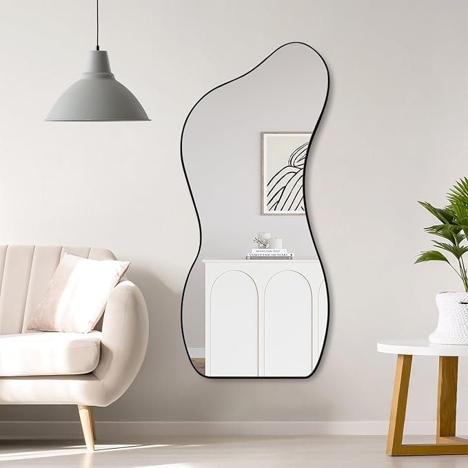 Large Irregular Wall Mirror 47.2"x22", Unique Shaped Black Asymmetrical Mirror, Modern Oblong Wavy Mirror for Living Room,Bathroom,Entryway,Dining Room