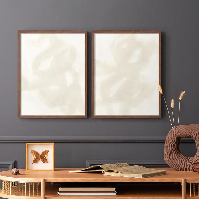 Renditions Gallery Set of 2 Peel & Stick Framed Prints, Abstract Wall Art, Beige and White Aesthetic Wall Decor, Re-Stickable - Ready to Hang - 8"x10" - Walnut Frame LT588
