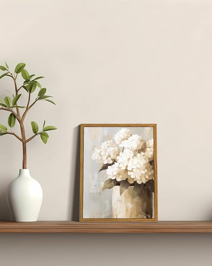 ARPEOTCY Vintage Framed Canvas Wall Art, Retro White Hydrangeas Painting Pictures Decor, Vintage Farmhouse Floral Canvas Wall Art for Living Room, Bathroom, Bedroom Aesthetic(8 x 10 Inch)