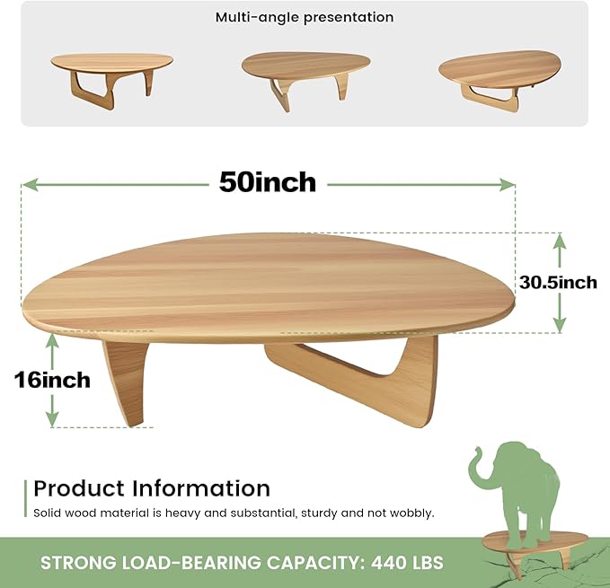 Solid Wooden Modern Triangle Coffee Table: Unique Funky Coffee Tables for Living Room, Oval Mid-Century Irregular Abstract Tea Tables for Patio Office Balcony Bedroom (Natural, 50" L x 31" W x 16" H)