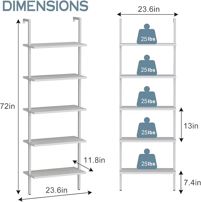 aboxoo Ladder Shelf 2 PCS White Bookshelf 5-Tier Wooden Open Shelf Wall-Mounted Wood Rack Industrial Modern Plant Flower Stand Utility Organizer Bookcase Metal Frame Furniture Office Kitchen Bedroom