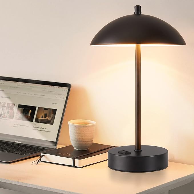 Modern LED Desk Lamp with AC Adapter, 12" 3-Way Dimmable Touch Bedside Reading Lamp, Minimalist Black Small Nightstand Table Lamp with Mushroom Dome Shade for Bedroom Living Room Office, Bulb Included