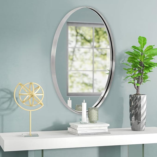 ANDY STAR Brushed Nickel Mirror Bathroom, 24x32 Inch Brushed Nickel Oval Mirror, Stainless Steel Metal Frame Oval Vanity Mirrors Hangs Horizontal or Vertical, Modern Style for Home