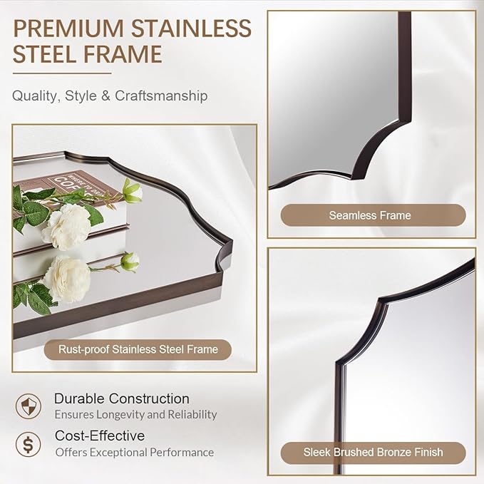 ANDY STAR Brushed Bronze Mirror, 24"x36" Bronze Rectangle Mirror, Bathroom Mirror with Anti-Rust Stainless Steel Metal Frame, Stunning Curved Design Ideal for Home Remodel