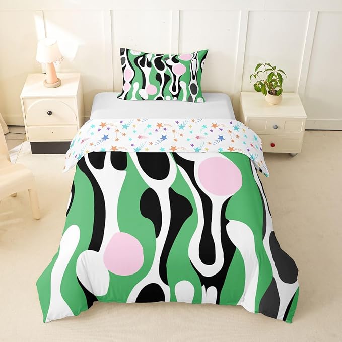 Erosebridal Mid Century Modern Abstract Duvet Cover Set Vintage Geometric Girl Toddler Bedding Set for Toddler Boys Contemporary Organic Shapes Comforter Cover Squiggle Blob Bed Sets,Green Pink