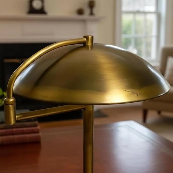 Mid Century Modern Brass Desk Lamp – 1950s Vintage Table Lamp with Dome Shade, Adjustable Swivel Arm, Heavy Solid Base, Retro Bedside Reading Light for Office, Living Room, Bedroom (Antique Patina)