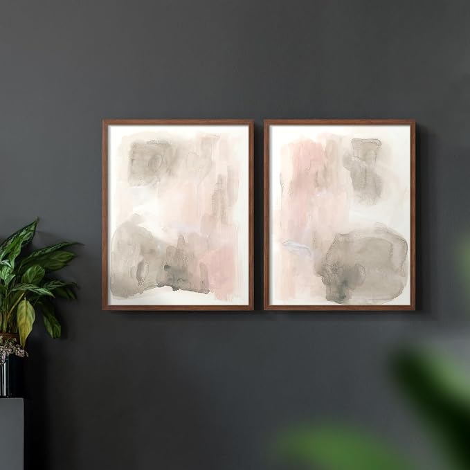Renditions Gallery Set of 2 Peel & Stick Framed Prints, Watercolor Abstract Wall Art, Nude Color Neutral Aesthetic Wall Decor, Re-Stickable - Ready to Hang - 22"x28" - Walnut Frame LT588