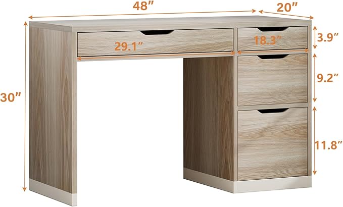 MaverickFurni 48 Inch Small Desk with Drawers, Computer Desk with Storage File Drawer for Bedroom, Office Desk with Storage for Small Space, Light Walnut