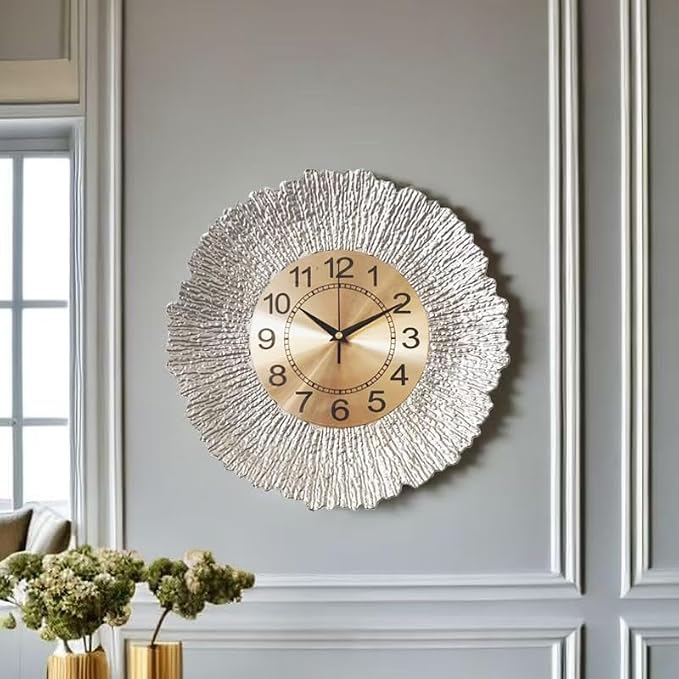 12 Inch Sliver Wall Clock for Living Room, Boho Decor Wall Clocks Sunburst Decor for Living Room, Kitchen, Farmhouse, Bedroom, Bathroom