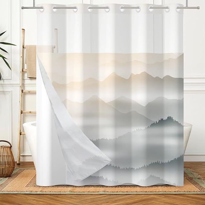 No Hook Shower Curtain with Snap in Fabric Liner Set Nature Misty Mountains Shower Curtains for Bathroom Modern Double Layers Waterproof with See Through Top Window Bath Curtain 71x74 Inch