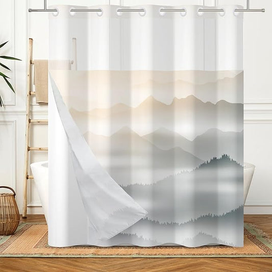 No Hook Shower Curtain with Snap in Fabric Liner Set Nature Misty Mountains Shower Curtains for Bathroom Modern Double Layers Waterproof with See Through Top Window Bath Curtain 71x74 Inch