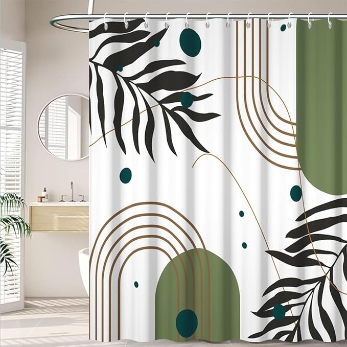 Mid Century Boho Shower Curtain for Bathroom Modern Minimalist Neutral Bathroom Decor Abstract Green Leaf Arch Sun Aesthetic Bath Curtains Washable Waterproof Polyester Fabric with Hooks 60x72 Inch