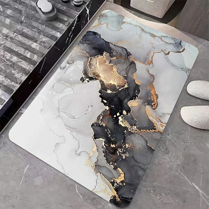 Diatomaceous Earth Bath Mat,Grey Gold Marble Non-Slip Volume Super Absorbent Fast Drying for Bathroom Kitchen Door mat,Eco-Friendly Easy to Clean 16×24Inch (40 * 60cm)