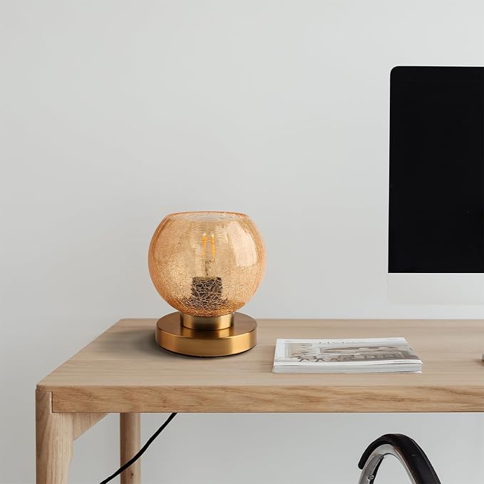 Modern Table Lamps Gold Desk lamp with Amber Crackled Glass Shade Globe Table lamp Art Deco lamp nightstand lamp Small Table lamp for Bedside Bedroom Living Room Office