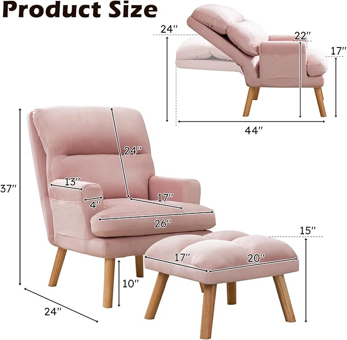 Accent Chair with Ottoman Comfy Reading Chair Armchair with Adjustable Backrest and Side Pockets Soft Fabric Leisure Sofa for Bedroom, Living Room, Dorm Rooms, Garden, Pink