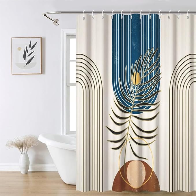 Mid Century Boho Shower Curtain for Bathroom Modern Abstract Minimalist Bathroom Decor Set Plant Leaves Arch Sun Bathtub Curtains Machine Washable Waterproof Polyester Fabric with Hooks 72x96 Inch