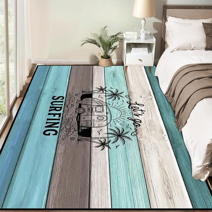 Surfing Area Rug Beach Van Palm Tree Carpet Retro Wood Grain Striped Rugs Non Slip Washable Floor Mat for Entryway Bedroom Living Room Nursery Playroom Home Decor,3'x5'