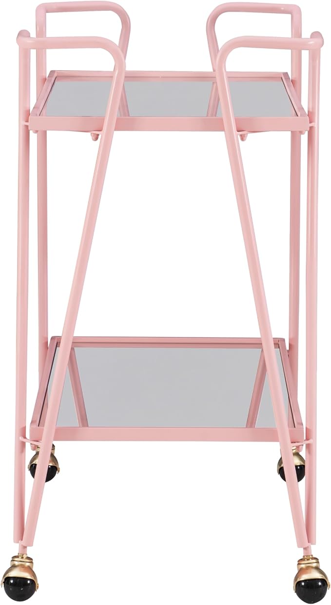 Gina Pink Mid-Century Bar Cart with Mirrored Shelves and Locking Wheels by Linon