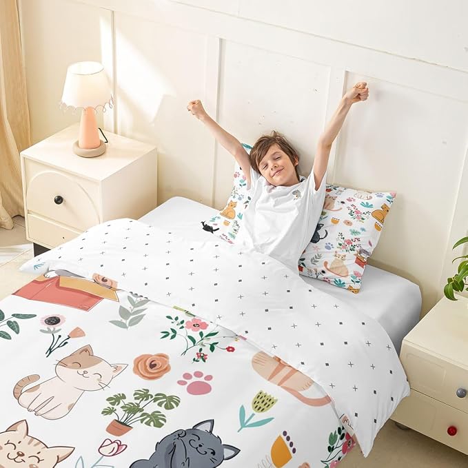 Erosebridal Cute Cat Duvet Cover Twin Floral Cats Lovers Bedding Set Lovely Kitten Pet Animals Comforter Cover for Kids Girls Boys Adults Botanical Aesthetic Bed Set