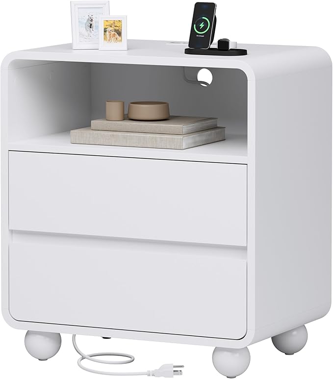 Lulive Wood Night Stand with Drawers, Modern Bedside End Table with Charging Station, Curved Profile Design Storage Nightstand for Bedroom, White