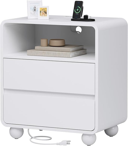 Lulive Wood Night Stand with Drawers, Modern Bedside End Table with Charging Station, Curved Profile Design Storage Nightstand for Bedroom, White