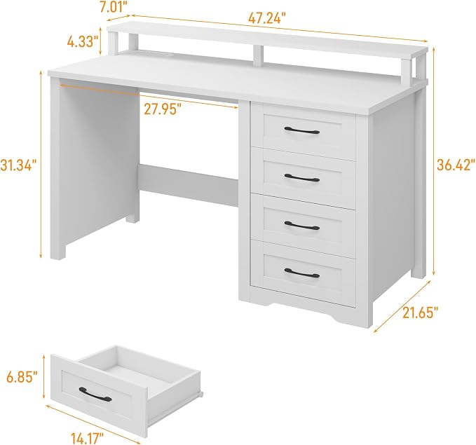 Vabches 47" Farmhouse Executive Desk with Monitor Stand and LED Lights,4 Drawers Computer Desk with Power Outlets,Large Workspace for Work Study Writing.(White)